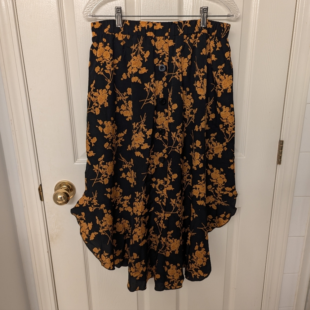 Shein Fall Floral Ruffle Hem Skirt, US L Black Orange Witchy